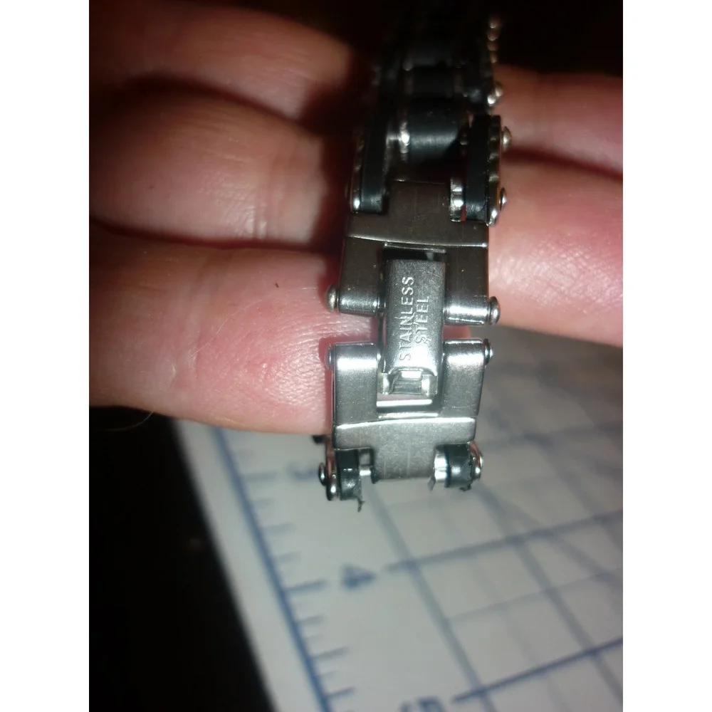 Mens Stainless Steel Black Rubber Motorcycle Chain Link Biker Bracelet 8.5in
